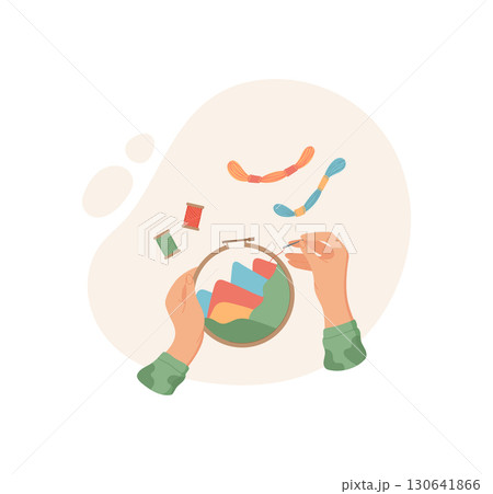 Woman engages in creative sewing activity with needlework kit on a flat surface. Concept of DIY and craftwork, colorful and cute design, suitable for art hobby projects. Woman engages in creative sewing activity with needlework kit on a flat surface. Concept of DIY and craftwork, colorful and cute design, suitable for art hobby projects. 130641866