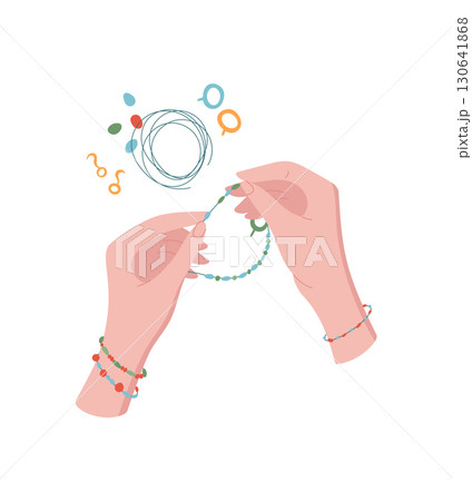 Hands making colorful bracelet with beads in a creative craft activity. Concept of DIY and hobby supplies, flat cartoon graphic style, suitable for workshops or children's classes. 130641868
