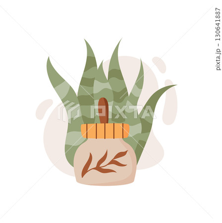 Flat jar with cream and plant in organic style. Cosmetic product for beauty and skincare, natural eco Ideal for spa or bodycare themes, suitable advertising or product promotion. 130641887