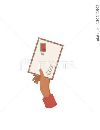 Hand holding a letter and envelope with stamp. cartoon graphic style of mail and message delivery. Concept of communication love, suitable for holiday greetings stationery needs. Hand holding a letter and envelope with stamp. cartoon graphic style of mail and message delivery. Concept of communication love, suitable for holiday greetings stationery needs. 130641902