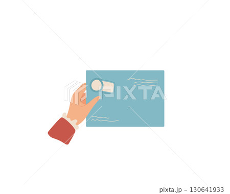 Hand hold envelope for mail and message in flat cartoon graphic style. Illustration of correspondence with label, suitable for creative projects, invitations, or greeting cards. 130641933