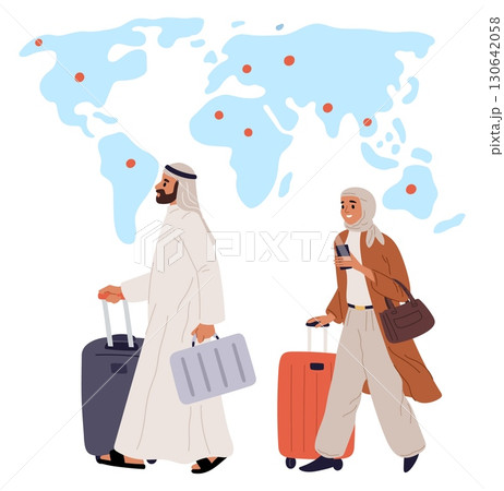 Arab man and woman in national muslim dress traveling with suitcases. Arabian plane passengers. Airline terminal. Saudi man and woman carrying baggage. Tourism location. Vector concept Arab man and woman in national muslim dress traveling with suitcases. Arabian plane passengers. Airline terminal. Saudi man and woman carrying baggage. Tourism location. Vector concept 130642058