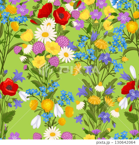 Beautiful spring wildflowers. Meadow flowers seamless pattern. Summer daisies. Poppy blossoms. Garden clovers and bells. Repeated textile print. Blooms bouquet. Vector floral background 130642064