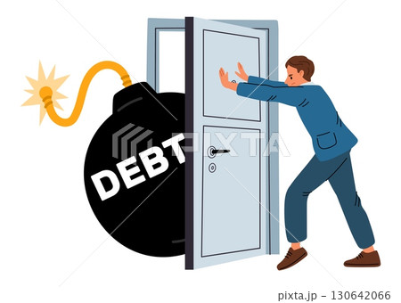 Businessman closes door to keep out debt bomb. Payment deadline. Burden loan. Heavy pressure. Dynamite detonation. Man ignores credit pays. Money obligation at doorway. Vector concept 130642066