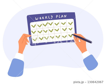 Businessman marks fulfillment of weekly plan in special work calendar view from above. Completed goals. Hands putting checkmark. Reminders schedule. Finished task mark. Vector concept Businessman marks fulfillment of weekly plan in special work calendar view from above. Completed goals. Hands putting checkmark. Reminders schedule. Finished task mark. Vector concept 130642067
