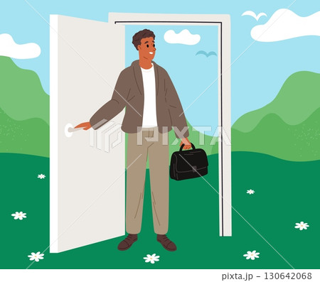 Businessman walks through open door. Opening new opportunities and prospects. Man standing at doorway to future. Outside way to imagination and hope. Inspiration path. Vector concept Businessman walks through open door. Opening new opportunities and prospects. Man standing at doorway to future. Outside way to imagination and hope. Inspiration path. Vector concept 130642068