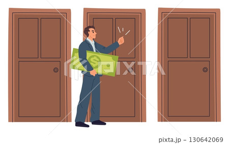 Businessman with green dollar bill knocking on yet another closed door. Man looking for new business. Investor choosing way for money. Thinking about savings investment. Vector concept Businessman with green dollar bill knocking on yet another closed door. Man looking for new business. Investor choosing way for money. Thinking about savings investment. Vector concept 130642069