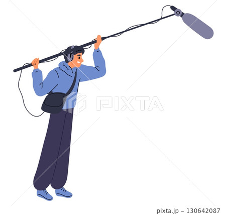 Man holds microphone on long pole to record sound when shooting movie or interview. Film production. Audio recording media equipment. Live streaming journalist reportage. Vector concept Man holds microphone on long pole to record sound when shooting movie or interview. Film production. Audio recording media equipment. Live streaming journalist reportage. Vector concept 130642087