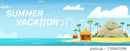 Picturesque tropical island in ocean. Summer vacation. Sandy beach with bungalow hut. Scenic Caribbean seascape. Ocean coast nature. Paradise lagoon scenery. Vector horizontal banner Picturesque tropical island in ocean. Summer vacation. Sandy beach with bungalow hut. Scenic Caribbean seascape. Ocean coast nature. Paradise lagoon scenery. Vector horizontal banner 130642096