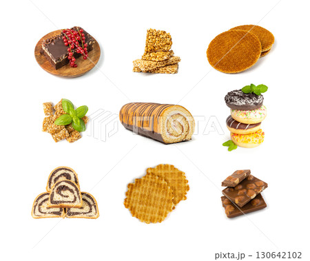 Assorted cakes set isolated. Many biscuit desserts, sweet bakery collage, cookie collection 130642102