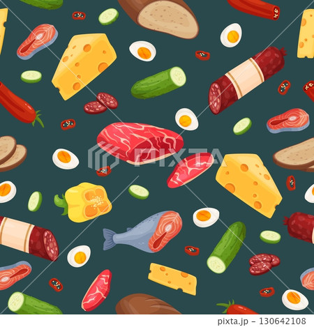 Pieces of cut up food. Grocery products seamless pattern. Meat fillet. Salmon fish. Sausage and cheese. Repeated cooking print. Bread with egg. Cucumber or pepper slices. Vector background Pieces of cut up food. Grocery products seamless pattern. Meat fillet. Salmon fish. Sausage and cheese. Repeated cooking print. Bread with egg. Cucumber or pepper slices. Vector background 130642108