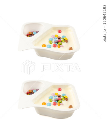 Yogurt cup isolated, yoghurt in plastic pot, milk pudding container, dairy food small package Yogurt cup isolated, yoghurt in plastic pot, milk pudding container, dairy food small package 130642198
