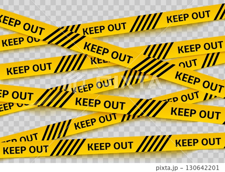 Realistic forbidding yellow striped tape with keep out sign on transparent background. Caution adhesive ribbon. Police line. Restriction zone. Prohibited cordon. Vector warning border 130642201