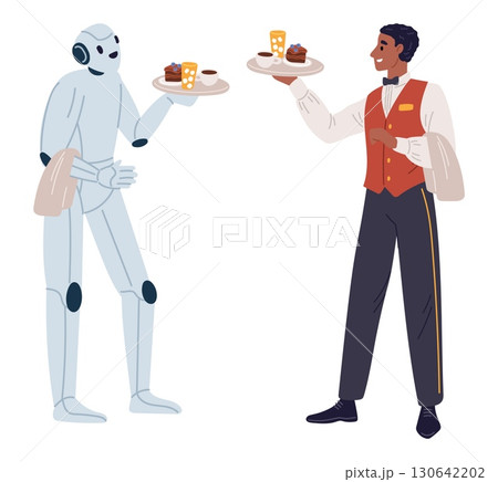 Robot waiter and male waiter holding tray of drinks and pastries. Robot versus human in restaurant business. Food serving staff. Artificial intelligence. Catering service. Vector concept 130642202