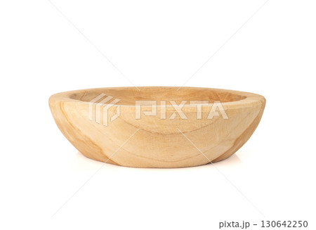 Empty wood bowl isolated, plate on white background, light rustic dish mockup 130642250