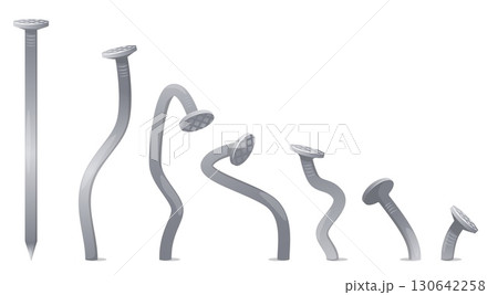 Straight and bent metal nail. Hobnails hammering process steps. Broken pins. Hardware insulated on white background. Industrial tools. Building bolts. Carpentry curved fasteners vector set 130642258