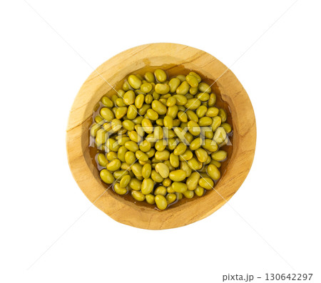 Edamame beans isolated. Green soy bean pile, cooked young soybean, boiled Japanese pea 130642297