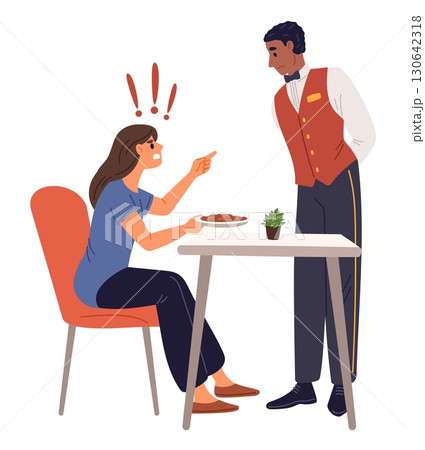 Woman is dissatisfied with quality of food in cafe. Girl yells at waiter for bad service. Conflict in restaurant. Angry client shouting. Displeased female sitting at table. Vector concept Woman is dissatisfied with quality of food in cafe. Girl yells at waiter for bad service. Conflict in restaurant. Angry client shouting. Displeased female sitting at table. Vector concept 130642318
