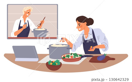 Woman learns how to cook food from video lesson. Online recipe. Girl cooking soup at kitchen and watching vlog at laptop screen. Culinary course. Meal preparation teaching. Vector concept 130642329