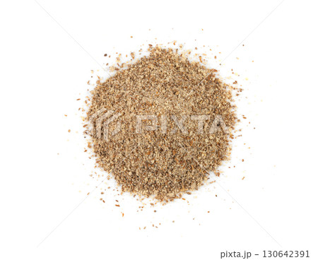 Milk thistle seeds powder, crushed silybum marianum grains pile, milled dry blessed milkthistle 130642391