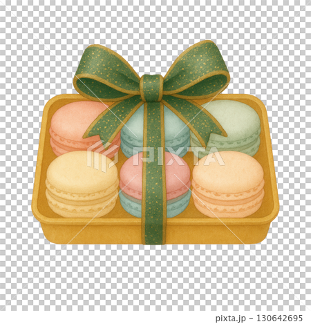 Watercolor Macaron Gift Box with Green Ribbon, Pastel French Cookies, Festive Dessert Illustration 130642695