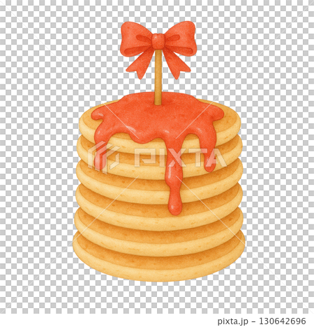 Watercolor Pancake Stack with Dripping Red Syrup and Decorative Bow, Cute Breakfast Dessert Illustration 130642696