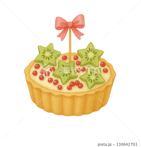 Cute Starfruit Tart with Red Berries and Pink Bow, Watercolor Dessert Illustration for Festive Occasions 130642701