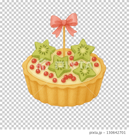 Cute Starfruit Tart with Red Berries and Pink Bow, Watercolor Dessert Illustration for Festive Occasions 130642701