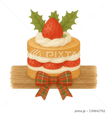 Watercolor Strawberry Christmas Shortcake with Plaid Bow, Festive Holiday Cake, Cream and Holly Leaves 130642702