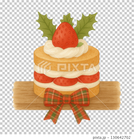 Watercolor Strawberry Christmas Shortcake with Plaid Bow, Festive Holiday Cake, Cream and Holly Leaves 130642702