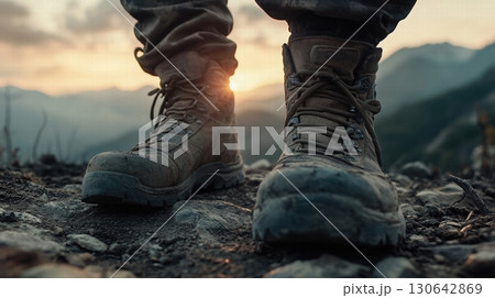 hiking boots on a rocky trail at sunset 130642869