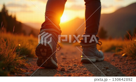 hiking boots on a rocky trail at sunset 130642892