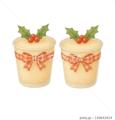 Cute Christmas Pudding Cups with Red Bows and Holly, Watercolor Holiday Dessert Illustration 130642914