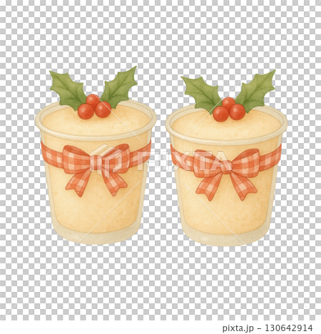 Cute Christmas Pudding Cups with Red Bows and Holly, Watercolor Holiday Dessert Illustration 130642914