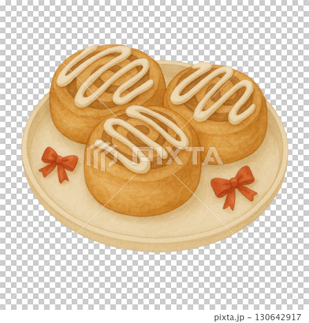 Watercolor Cinnamon Rolls with Icing and Red Bows on Wooden Plate, Festive Dessert Illustration 130642917