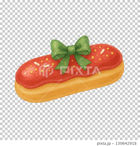 Festive Eclair with Red Icing, Sprinkles, and Green Bow, Cute Holiday Dessert Illustration 130642918