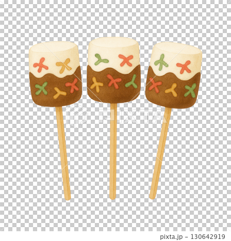 Colorful Festive Marshmallow Pops with Sprinkles on Sticks, Fun Holiday Party Dessert Illustration 130642919