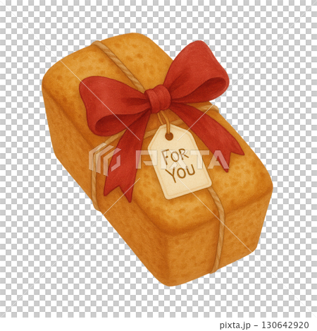 Watercolor Gift Pound Cake with Red Bow and Tag, Cute Holiday Dessert Illustration for Festive Occasions 130642920