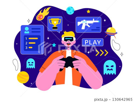 Virtual Reality Gaming Illustration featuring People Using VR Glasses and Controllers to Explore Metaverse Technology and Interactive Experiences 130642965
