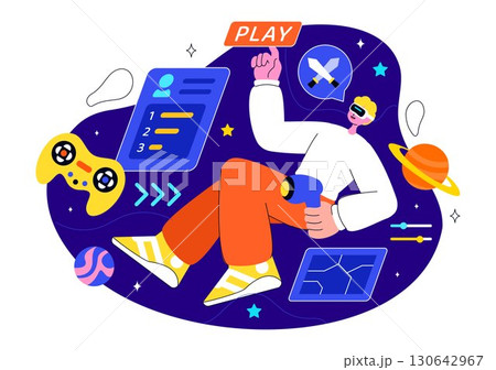 Virtual Reality Gaming Illustration featuring People Using VR Glasses and Controllers to Explore Metaverse Technology and Interactive Experiences 130642967