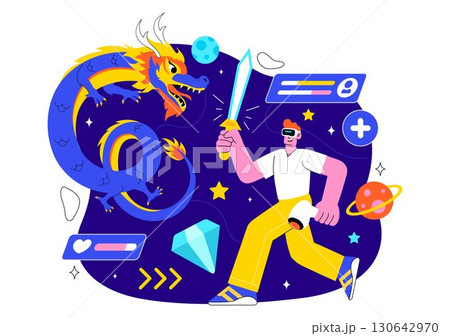 Virtual Reality Gaming Illustration featuring People Using VR Glasses and Controllers to Explore Metaverse Technology and Interactive Experiences Virtual Reality Gaming Illustration featuring People Using VR Glasses and Controllers to Explore Metaverse Technology and Interactive Experiences 130642970