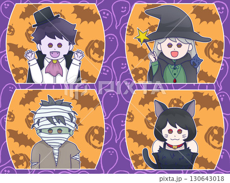 ハロウィン仮装(ヴァンパイア・魔女・ミイラ男・ネコ娘のコスプレ)オバケ背景 紫 ハロウィン仮装(ヴァンパイア・魔女・ミイラ男・ネコ娘のコスプレ)オバケ背景 紫 130643018