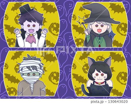 ハロウィン仮装(ヴァンパイア・魔女・ミイラ男・ネコ娘のコスプレ)オバケ背景 濃い紫 ハロウィン仮装(ヴァンパイア・魔女・ミイラ男・ネコ娘のコスプレ)オバケ背景 濃い紫 130643020