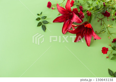 Floral botanical drawing of red lilies with red roses on green background 130643138
