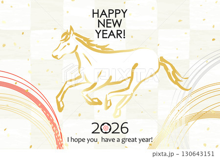2026年　日本の年賀素材　市松模様に馬と水引 130643151