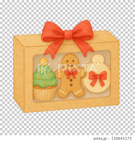 Festive Christmas Cookie Gift Box with Gingerbread Man, Tree Cupcake, Ornament Cookie, and Red Bow 130643173