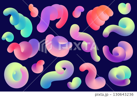 3D abstract gradient shapes. Colored fluid wavy lines. Bright blended holographic strokes on dark background. Swirl modern doodle strokes. Vector trendy vibrant elements for creative poster 130643236