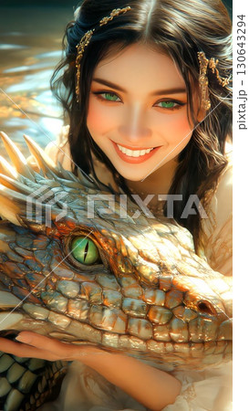 Beautiful princess with golden hair ornaments smiling and holding her fantastic dragon pet in a magical lake, creating a fairytale scene of friendship and wonder 130643294