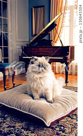 Pristine white persian cat lounging on plush velvet cushion near grand piano, embodying sophisticated luxury in elegant blue living space 130643304