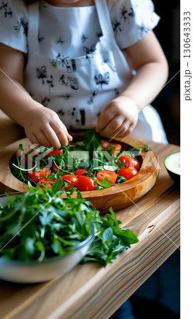 Child in striped apron mixing arugula with tomatoes, cucumber, creating colorful fresh green salad on rustic wooden surface 130643333